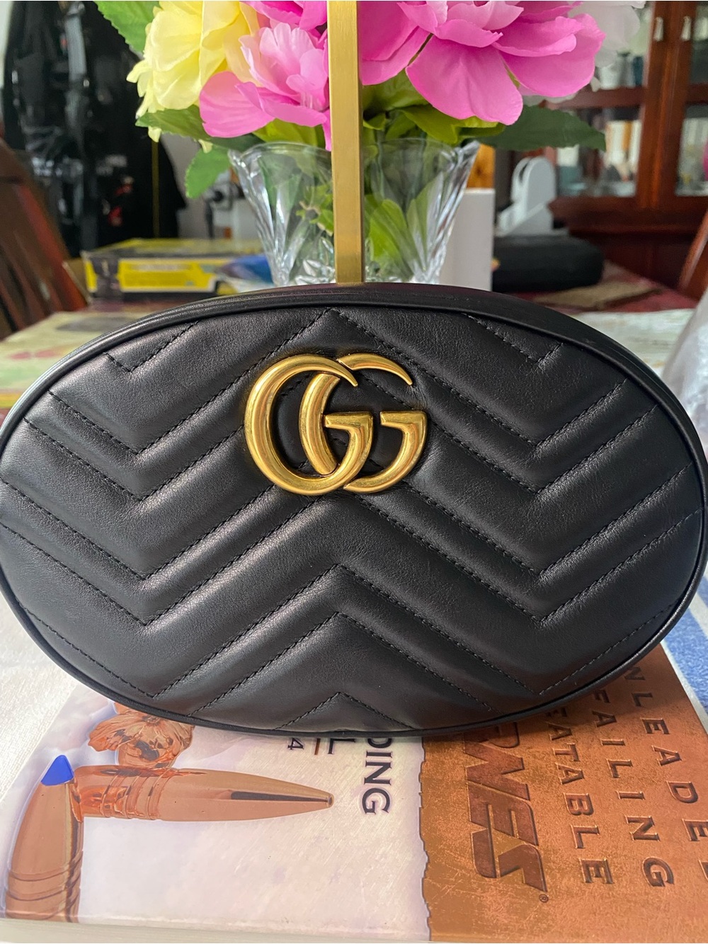 Gucci Black Chevron Quilted Mini Belt Bag with Gold GG